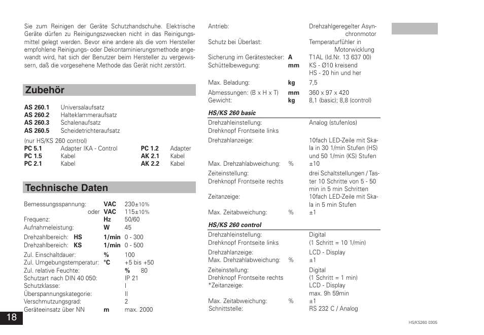 Zubehör technische daten | IKA KS 260 control User Manual | Page 18 / 56