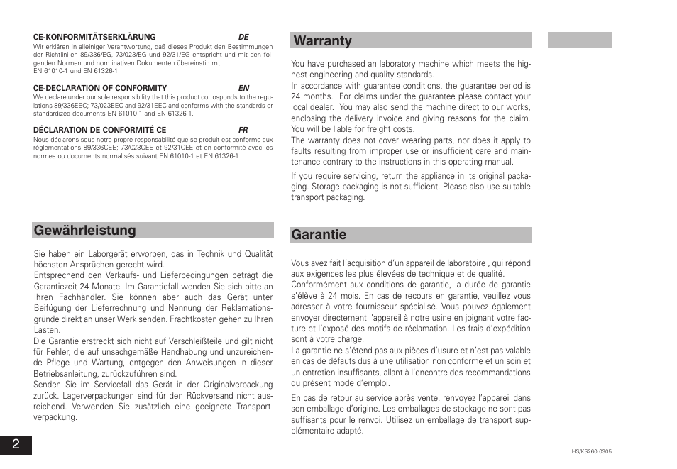 Gewährleistung warranty garantie | IKA KS 260 control User Manual | Page 2 / 56