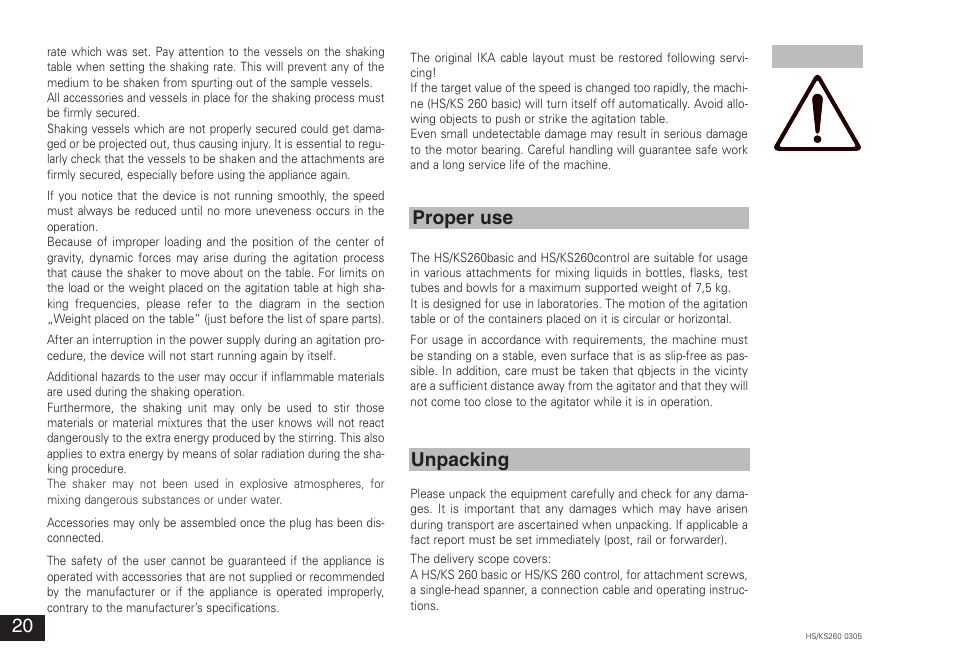 Proper use unpacking | IKA KS 260 control User Manual | Page 20 / 56