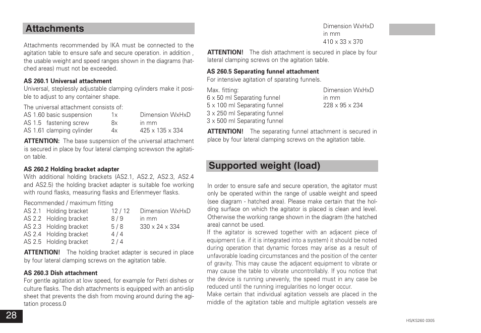 Attachments supported weight (load) | IKA KS 260 control User Manual | Page 28 / 56