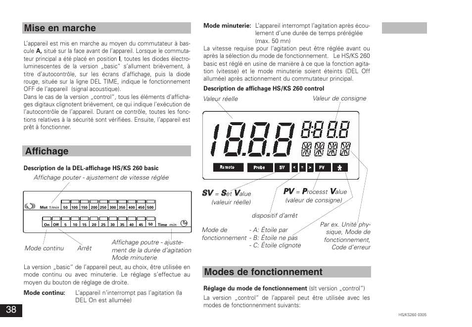 Mise en marche affichage, Modes de fonctionnement, Ssv v | Ppv v | IKA KS 260 control User Manual | Page 38 / 56