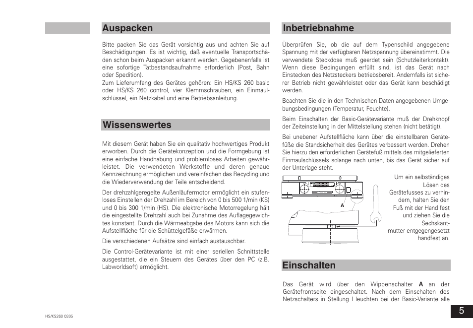 Auspacken wissenswertes inbetriebnahme, Einschalten | IKA KS 260 control User Manual | Page 5 / 56