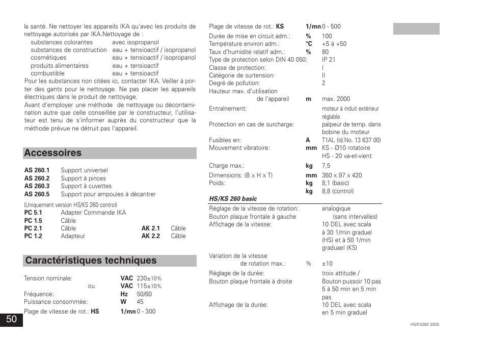 Accessoires caractéristiques techniques | IKA KS 260 control User Manual | Page 50 / 56