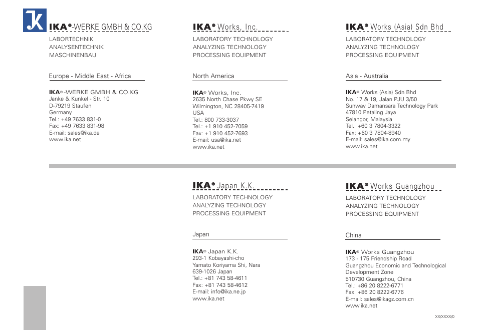 Iik ka a, Werke gmbh & co.kg, Works, inc | Ii k ka a, Works (asia) sdn bhd, Works guangzhou, Japan k.k | IKA KS 260 control User Manual | Page 56 / 56