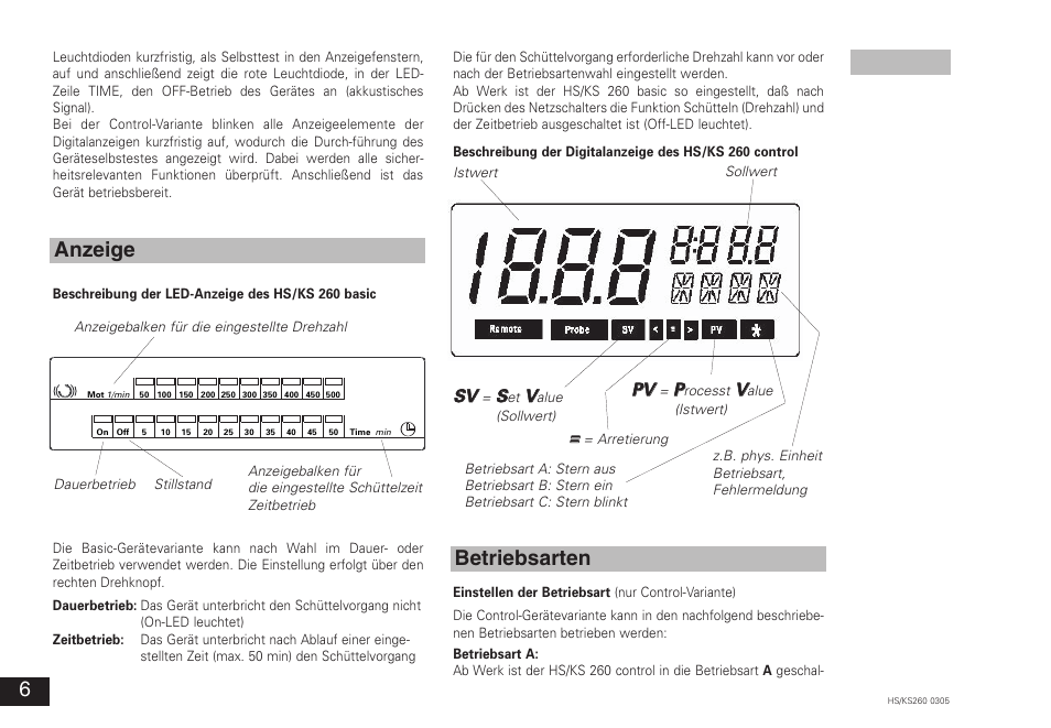 Anzeige, Betriebsarten, Ssv v | Ppv v | IKA KS 260 control User Manual | Page 6 / 56