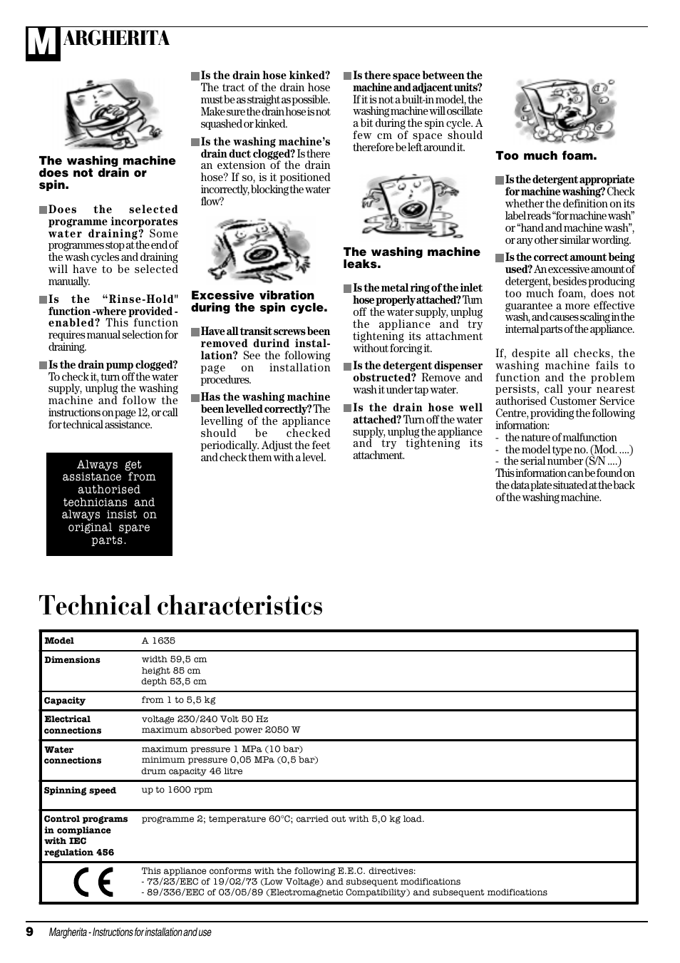 Technical characteristics, Argherita | Ariston MARGHERITA A 1635 User Manual | Page 10 / 16