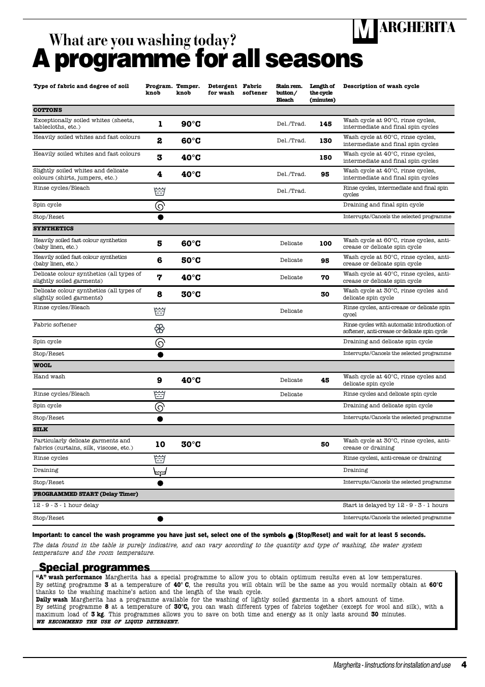 A programme for all seasons, What are you washing today, Argherita | Special programmes | Ariston MARGHERITA A 1635 User Manual | Page 5 / 16