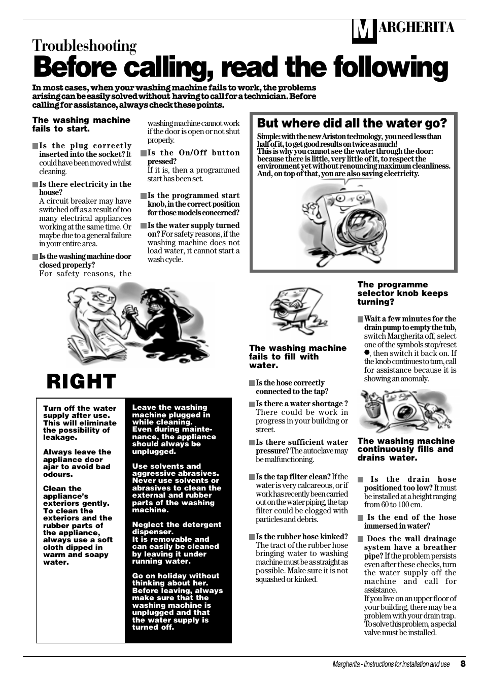 Before calling, read the following, Right wrong, Troubleshooting | Argherita, But where did all the water go | Ariston MARGHERITA A 1635 User Manual | Page 9 / 16