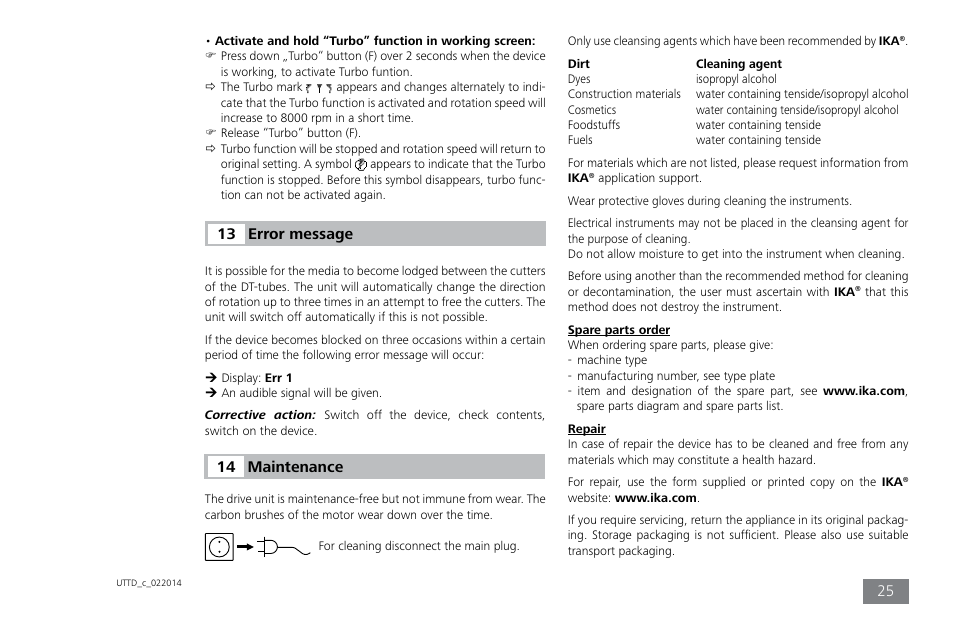 Error message 13, Maintenance 14 | IKA ULTRA-TURRAX Tube Drive control User Manual | Page 25 / 72