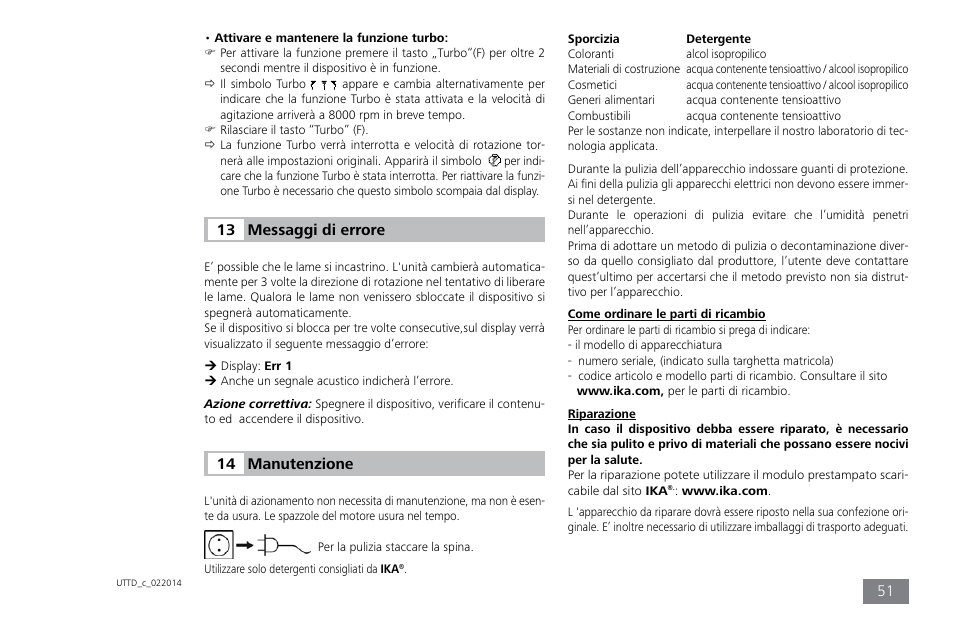 Messaggi di errore 13, Manutenzione 14 | IKA ULTRA-TURRAX Tube Drive control User Manual | Page 51 / 72