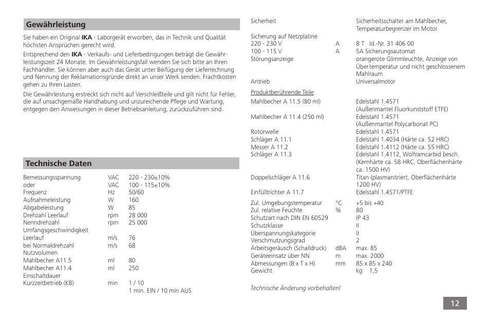 Gewährleistung technische daten | IKA A 11 basic User Manual | Page 12 / 60