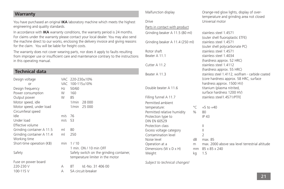 Warranty technical data | IKA A 11 basic User Manual | Page 21 / 60
