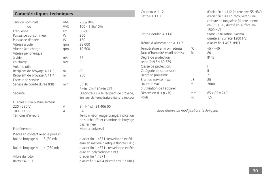 Caractéristiques techniques | IKA A 11 basic User Manual | Page 30 / 60