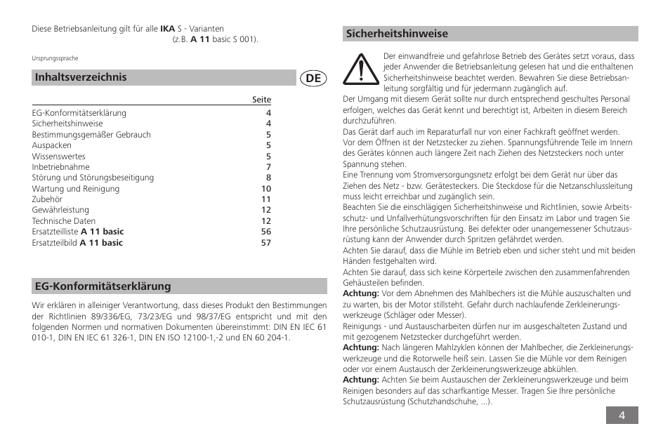 4inhaltsverzeichnis, Eg-konformitätserklärung, Sicherheitshinweise | IKA A 11 basic User Manual | Page 4 / 60