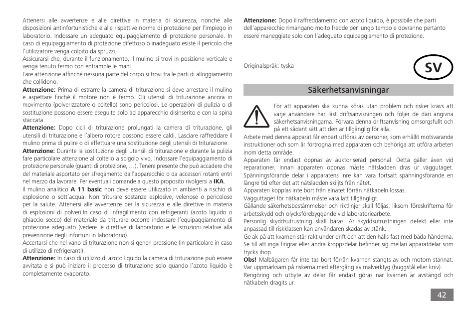 Säkerhetsanvisningar | IKA A 11 basic User Manual | Page 42 / 60