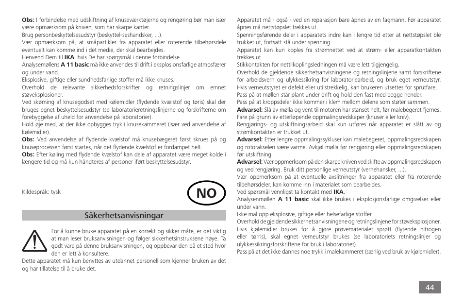 Säkerhetsanvisningar | IKA A 11 basic User Manual | Page 44 / 60