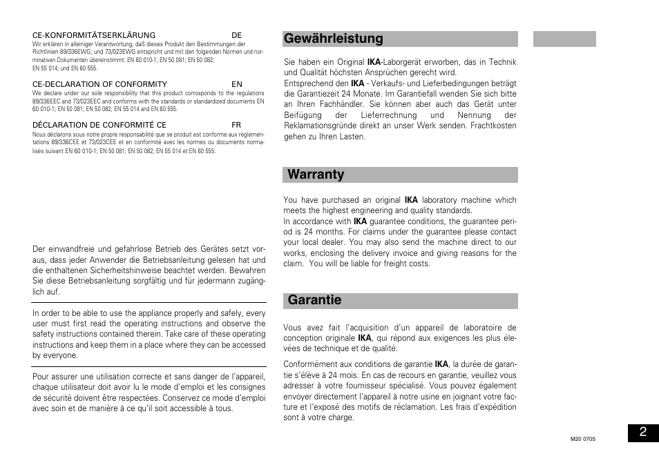 Gewährleistung warranty garantie | IKA M 20 Universal mill User Manual | Page 2 / 16