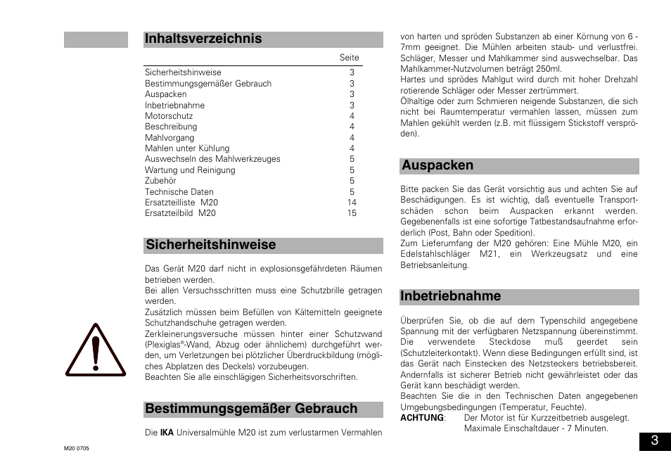 Auspacken sicherheitshinweise 3 | IKA M 20 Universal mill User Manual | Page 3 / 16