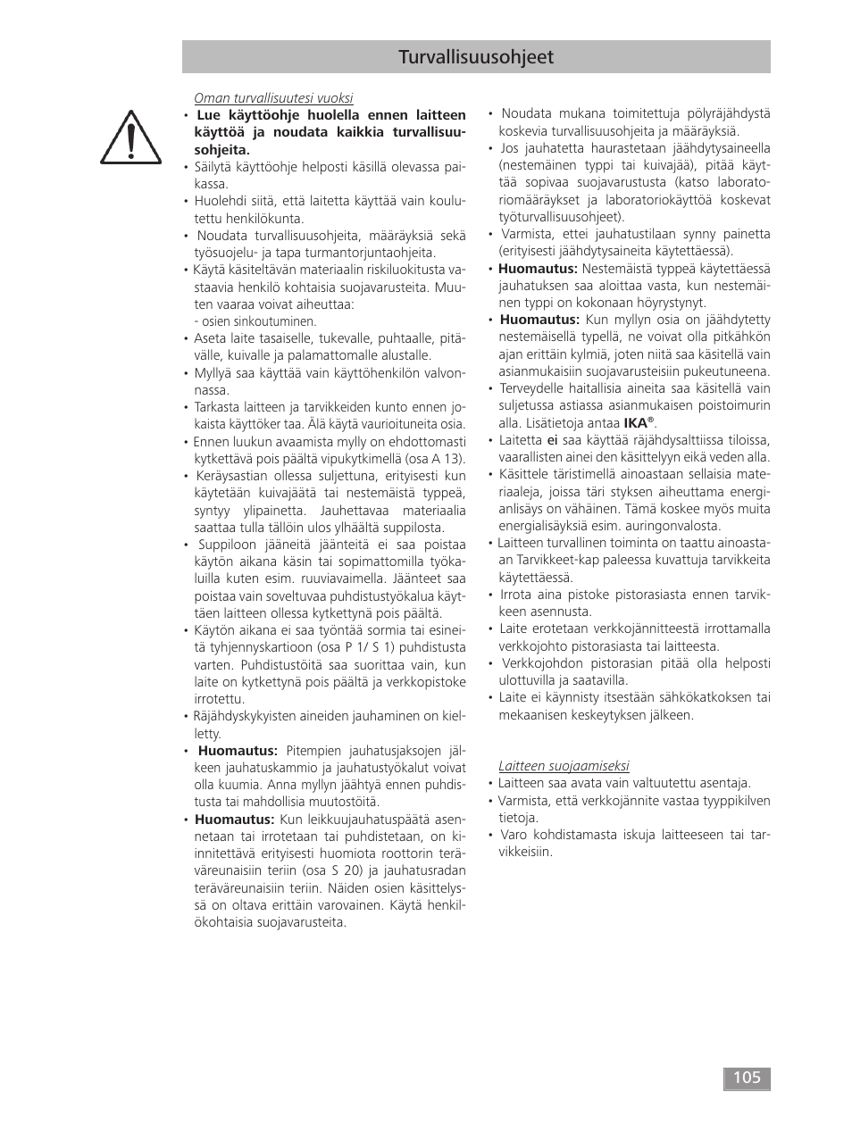 Turvallisuusohjeet | IKA MF 10 basic User Manual | Page 105 / 140