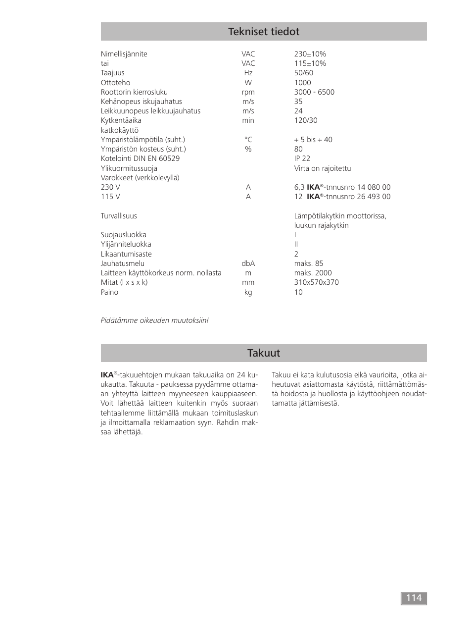 Takuut tekniset tiedot | IKA MF 10 basic User Manual | Page 114 / 140