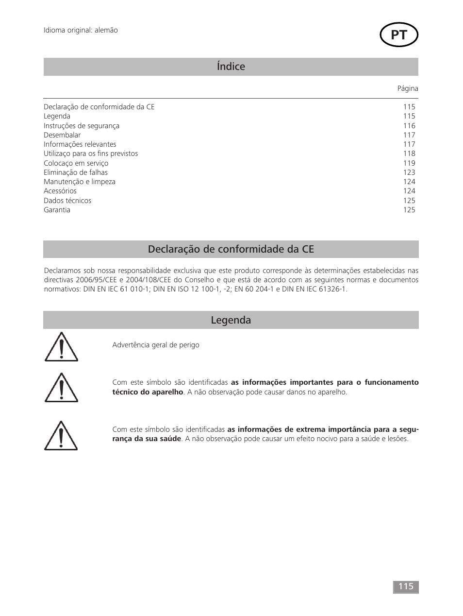 Índice, Declaração de conformidade da ce legenda | IKA MF 10 basic User Manual | Page 115 / 140