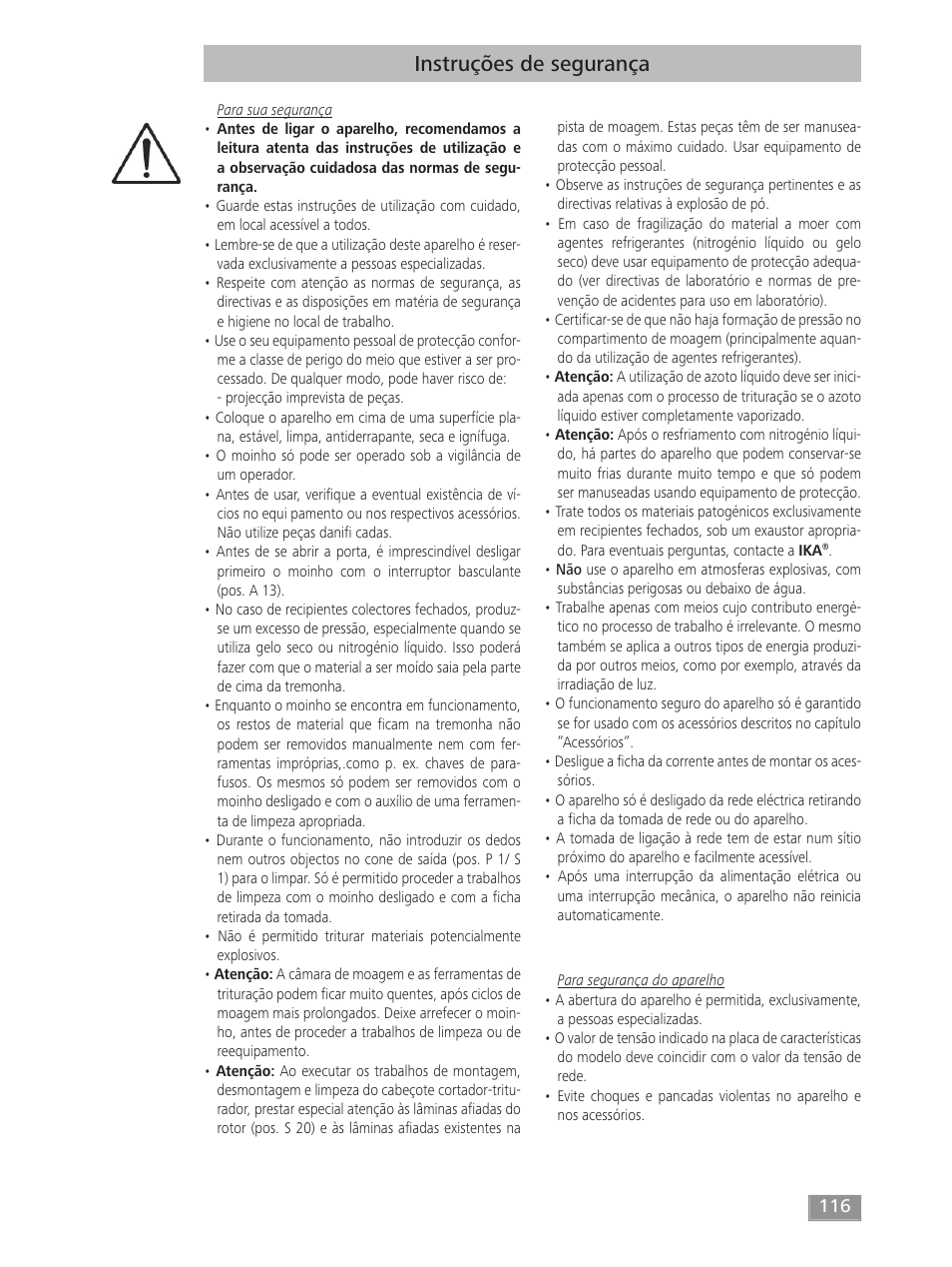 Instruções de segurança | IKA MF 10 basic User Manual | Page 116 / 140