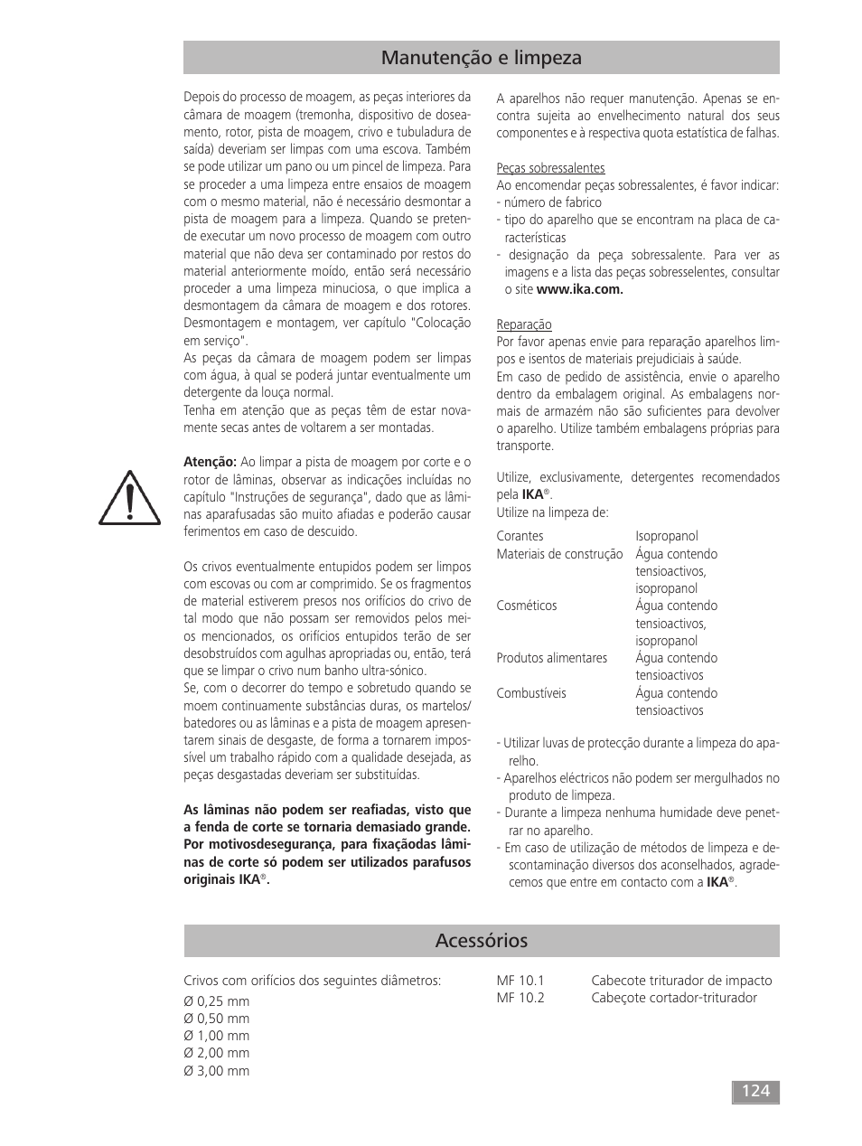 Acessórios, Manutenção e limpeza | IKA MF 10 basic User Manual | Page 124 / 140