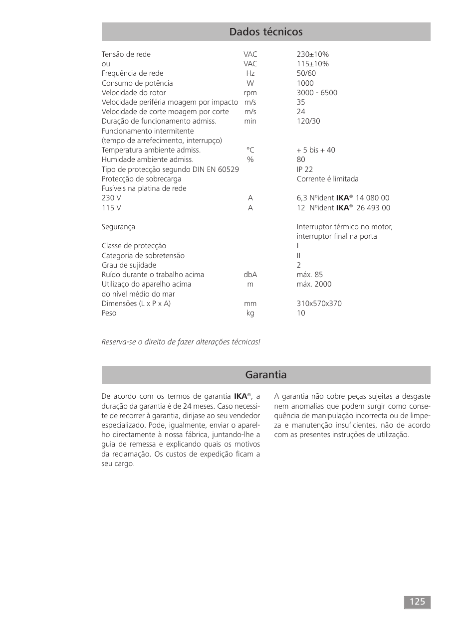 Garantia dados técnicos | IKA MF 10 basic User Manual | Page 125 / 140