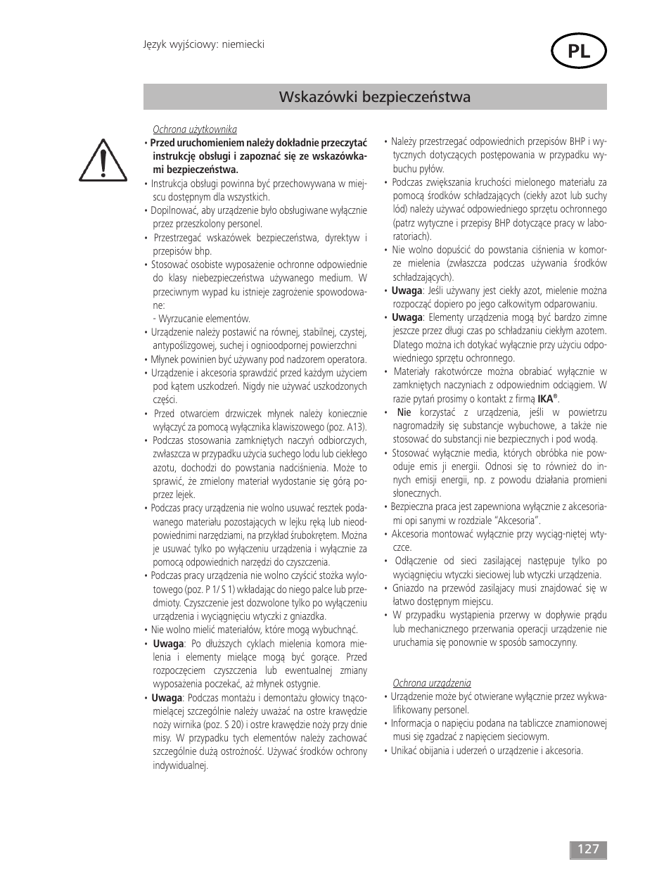 Wskazówki bezpieczeństwa | IKA MF 10 basic User Manual | Page 127 / 140