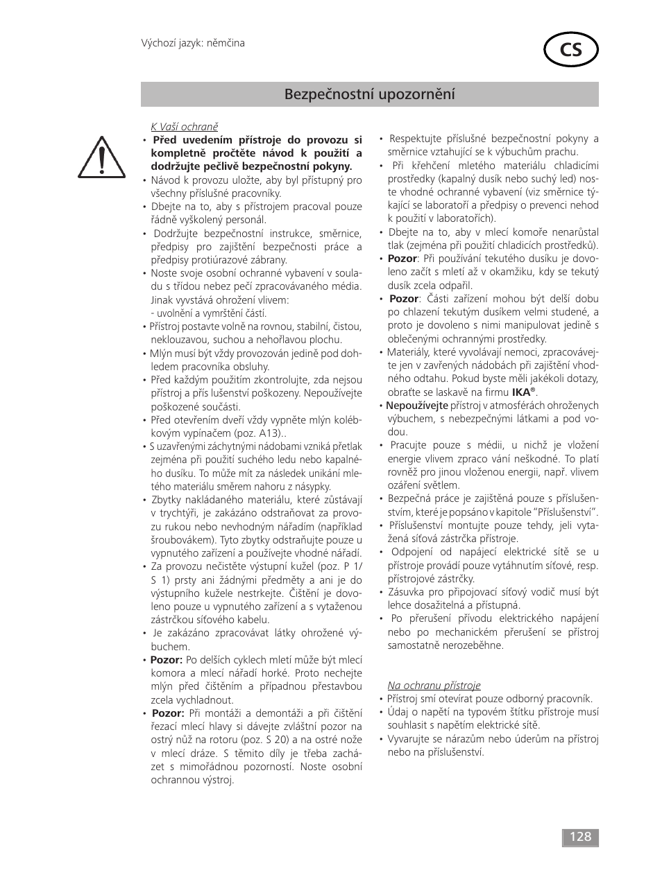 Bezpečnostní upozornění | IKA MF 10 basic User Manual | Page 128 / 140