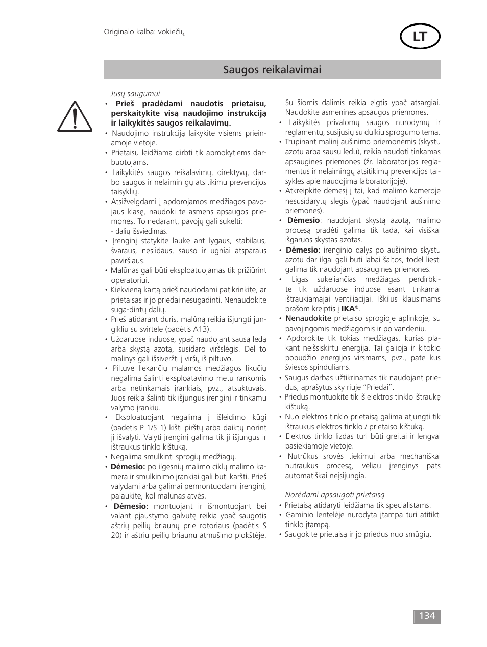 Saugos reikalavimai | IKA MF 10 basic User Manual | Page 134 / 140