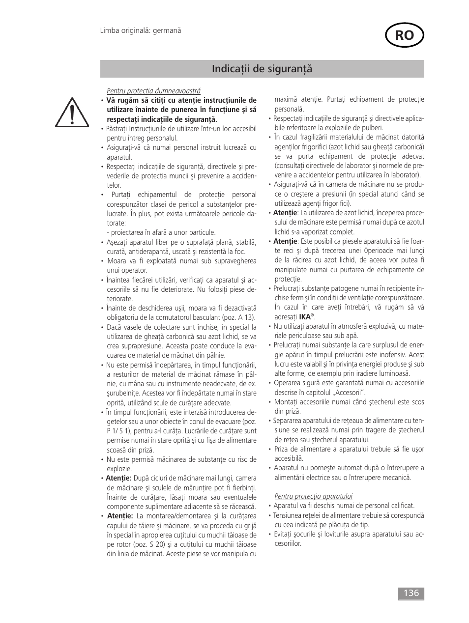Indicaţii de siguranţă | IKA MF 10 basic User Manual | Page 136 / 140
