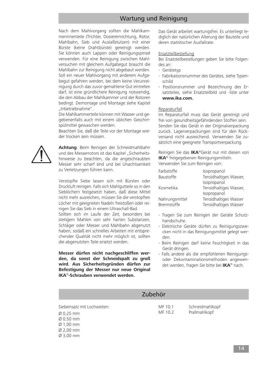 Zubehör, Wartung und reinigung | IKA MF 10 basic User Manual | Page 14 / 140