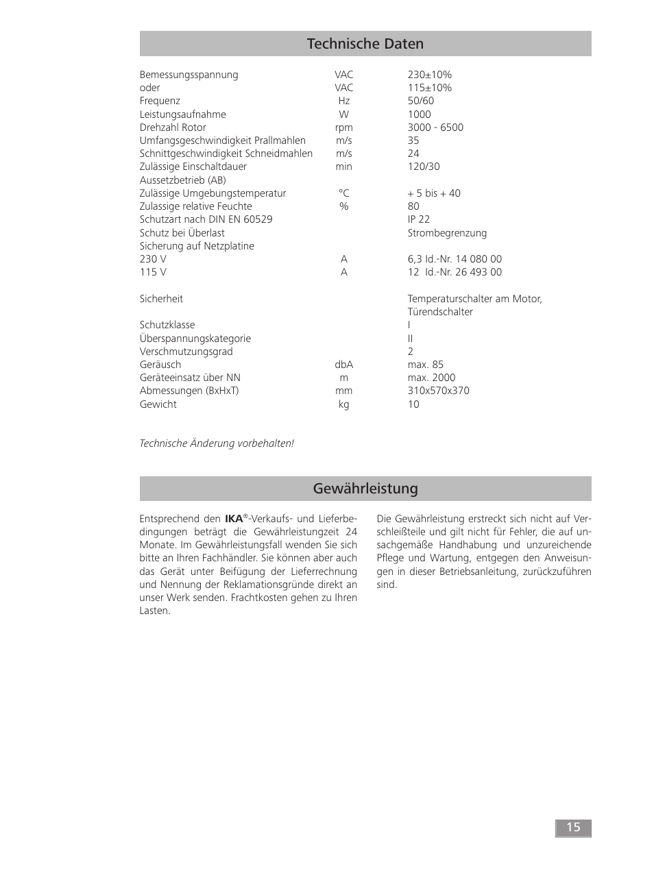 Gewährleistung technische daten | IKA MF 10 basic User Manual | Page 15 / 140