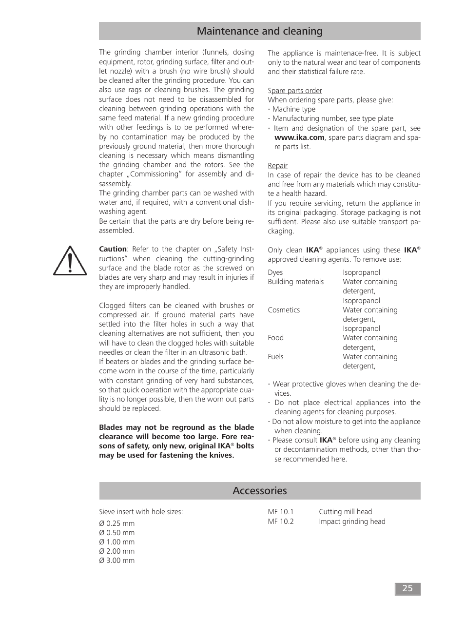 Accessories, Maintenance and cleaning | IKA MF 10 basic User Manual | Page 25 / 140