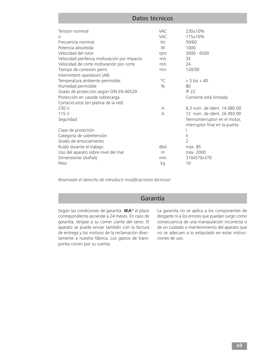Garantía datos técnicos | IKA MF 10 basic User Manual | Page 48 / 140