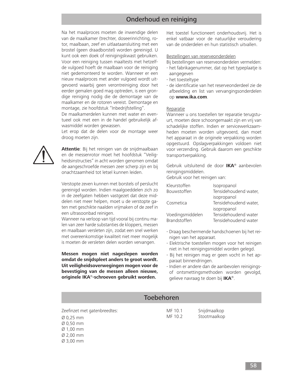 Onderhoud en reiniging, Toebehoren | IKA MF 10 basic User Manual | Page 58 / 140