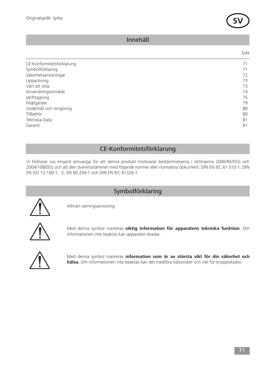 Innehåll, Ce-konformitetsförklarung symbolförklaring | IKA MF 10 basic User Manual | Page 71 / 140