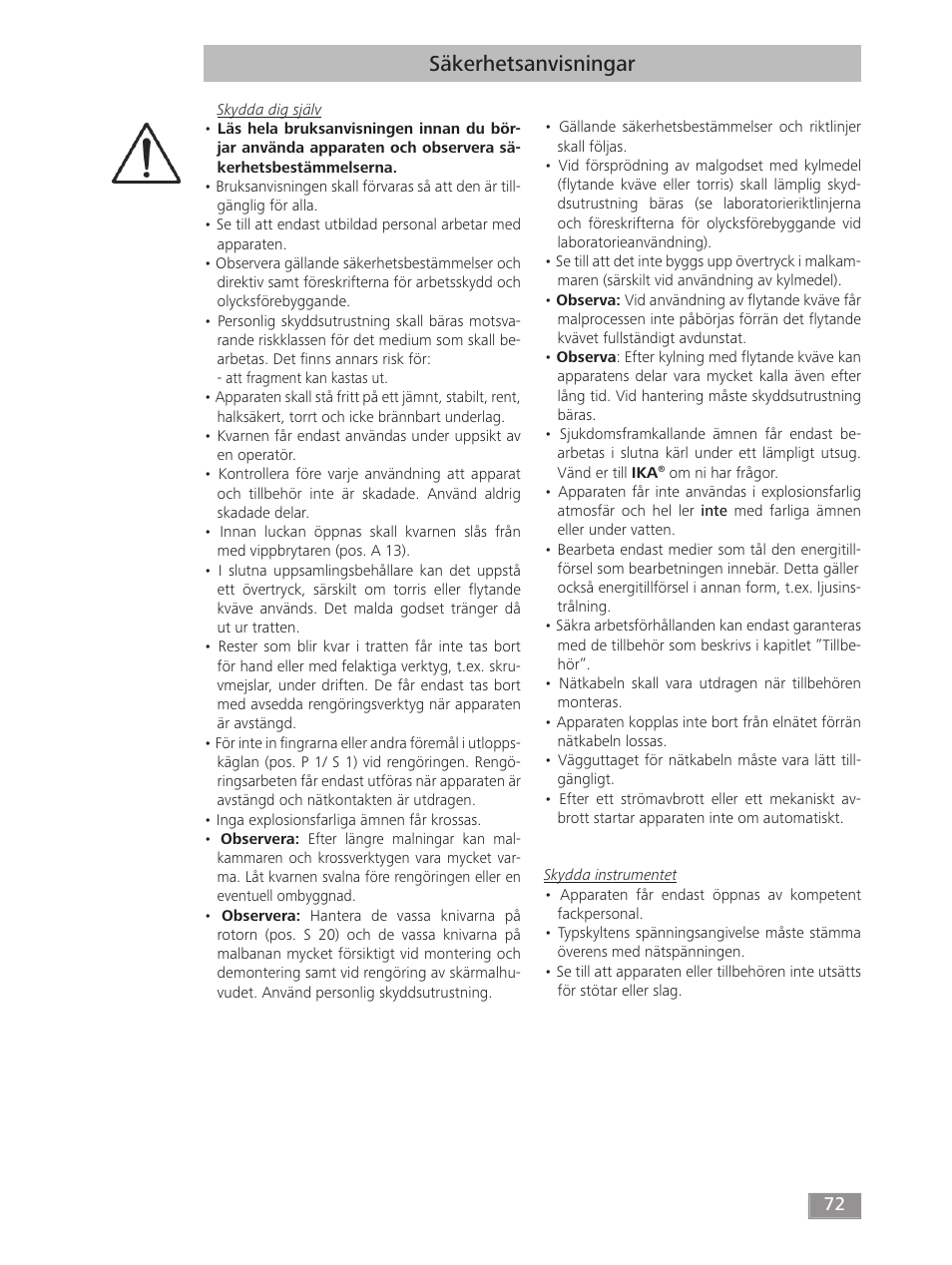 Säkerhetsanvisningar | IKA MF 10 basic User Manual | Page 72 / 140