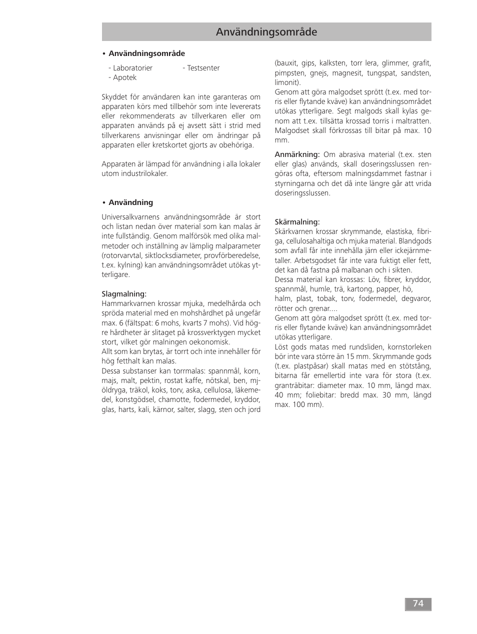 Användningsområde | IKA MF 10 basic User Manual | Page 74 / 140