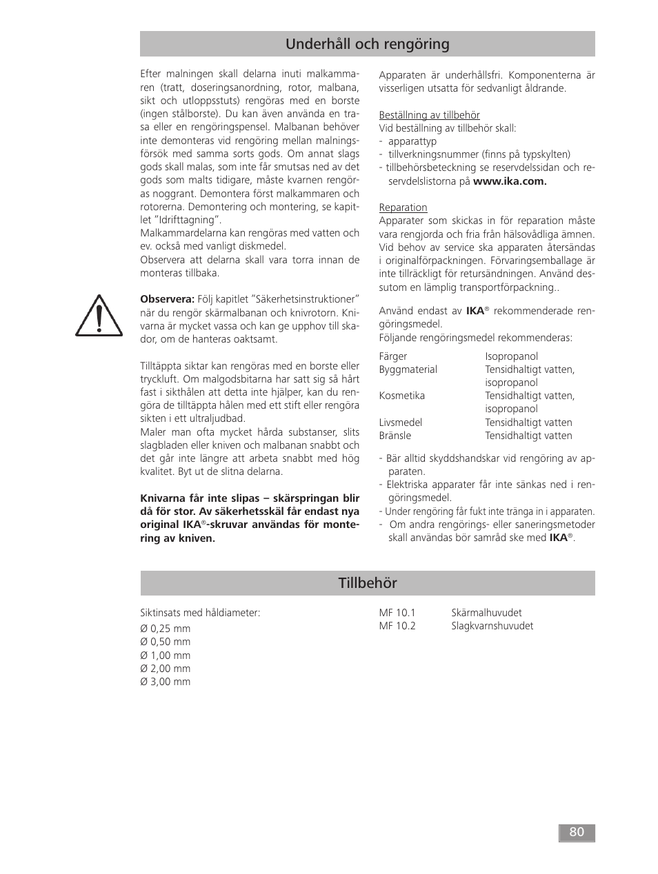 Tillbehör, Underhåll och rengöring | IKA MF 10 basic User Manual | Page 80 / 140