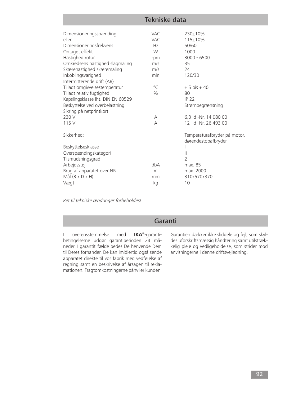 Garanti tekniske data | IKA MF 10 basic User Manual | Page 92 / 140