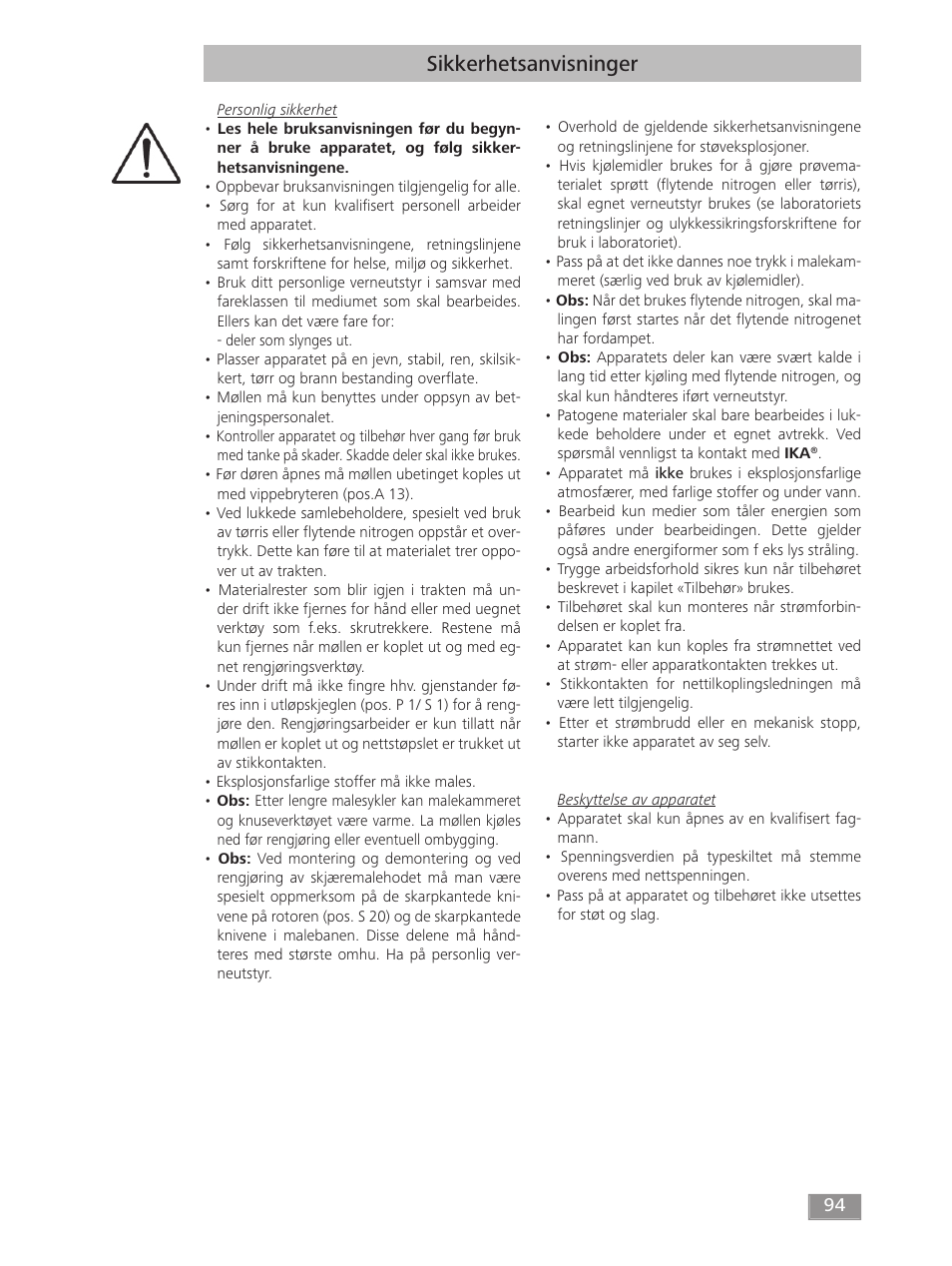 Sikkerhetsanvisninger | IKA MF 10 basic User Manual | Page 94 / 140