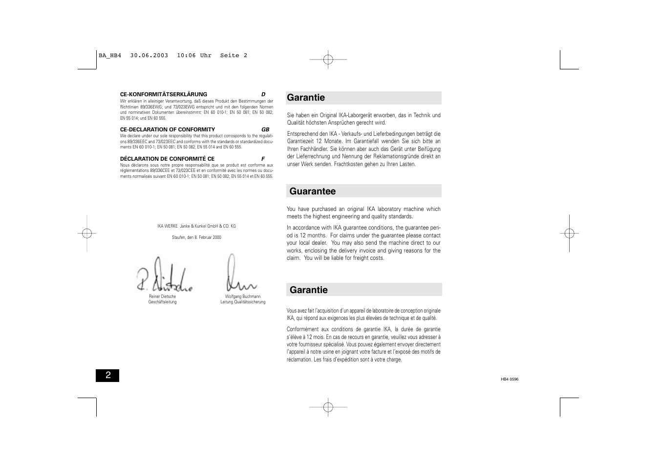 Garantie guarantee garantie 2 | IKA HB 4 basic User Manual | Page 2 / 26