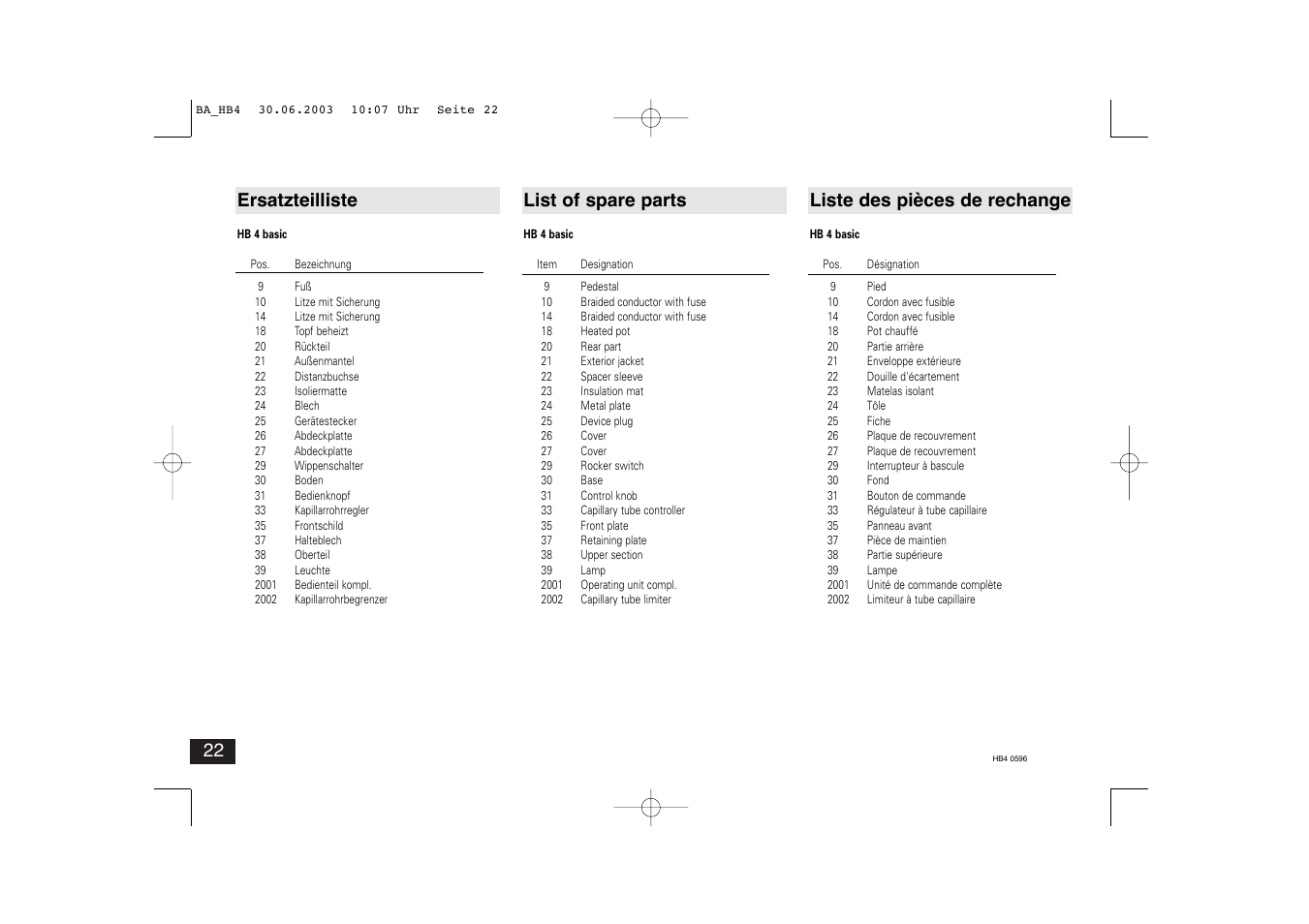 Ersatzteilliste list of spare parts, Liste des pièces de rechange | IKA HB 4 basic User Manual | Page 22 / 26