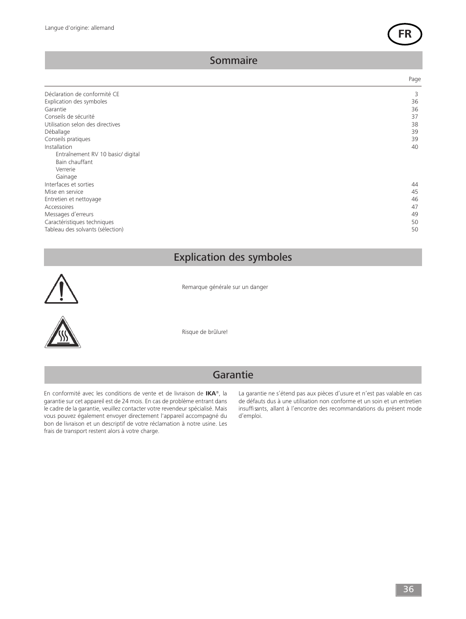 Sommaire, Explication des symboles, Garantie | IKA RV 10 digital FLEX User Manual | Page 36 / 84