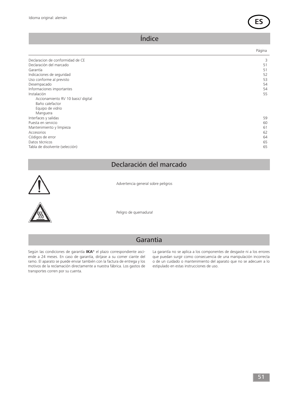 Índice, Declaración del marcado, Garantia | IKA RV 10 digital FLEX User Manual | Page 51 / 84