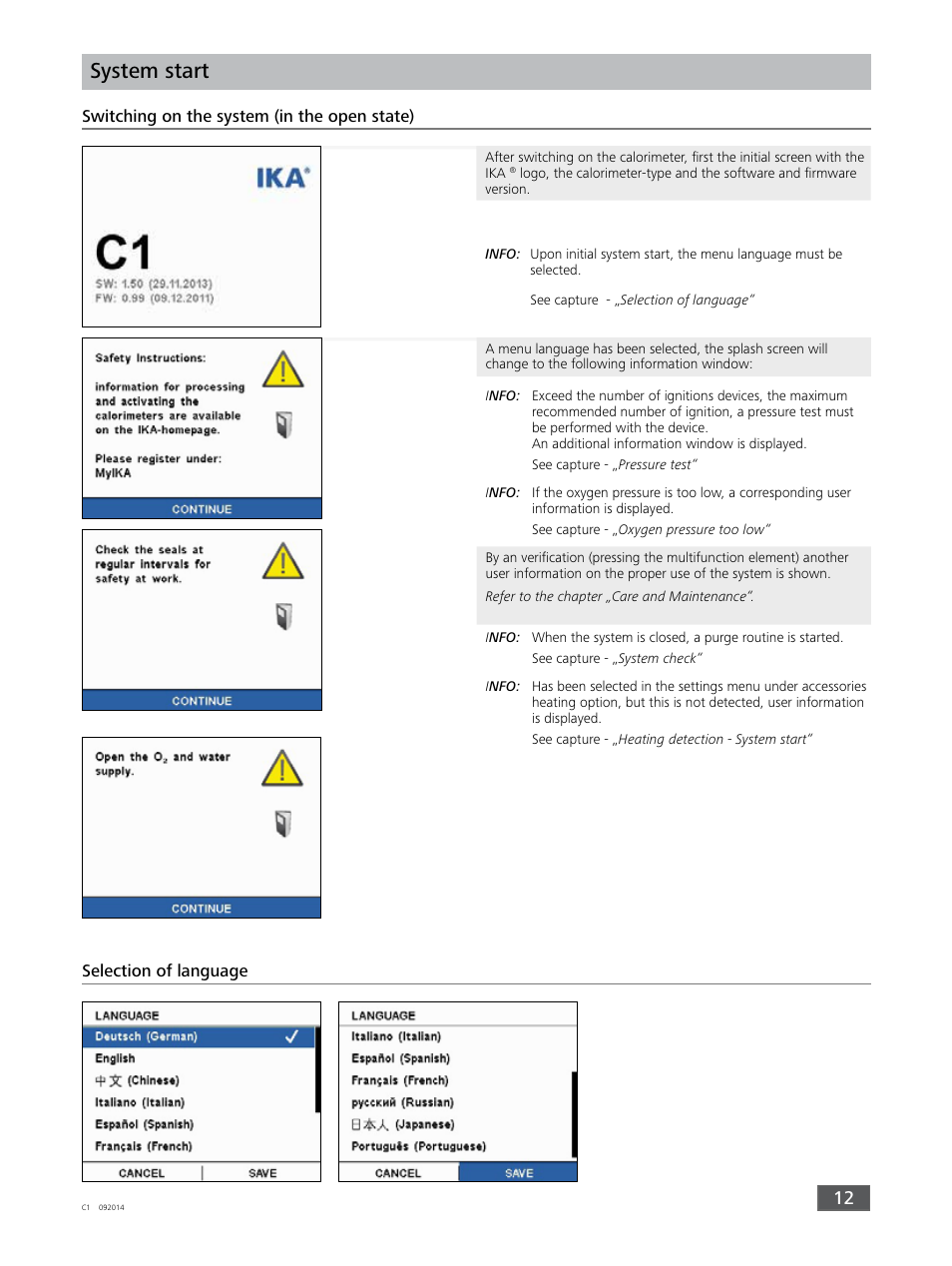 System start, Switching on the system (in the open state), Selection of language | IKA C 1 Package 1/10 User Manual | Page 12 / 44