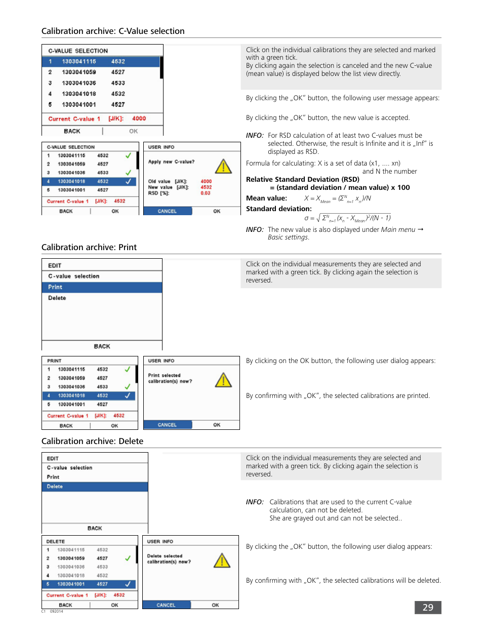 Calibration archive: c-value selection, Calibration archive: print, Calibration archive: delete | IKA C 1 Package 1/10 User Manual | Page 29 / 44
