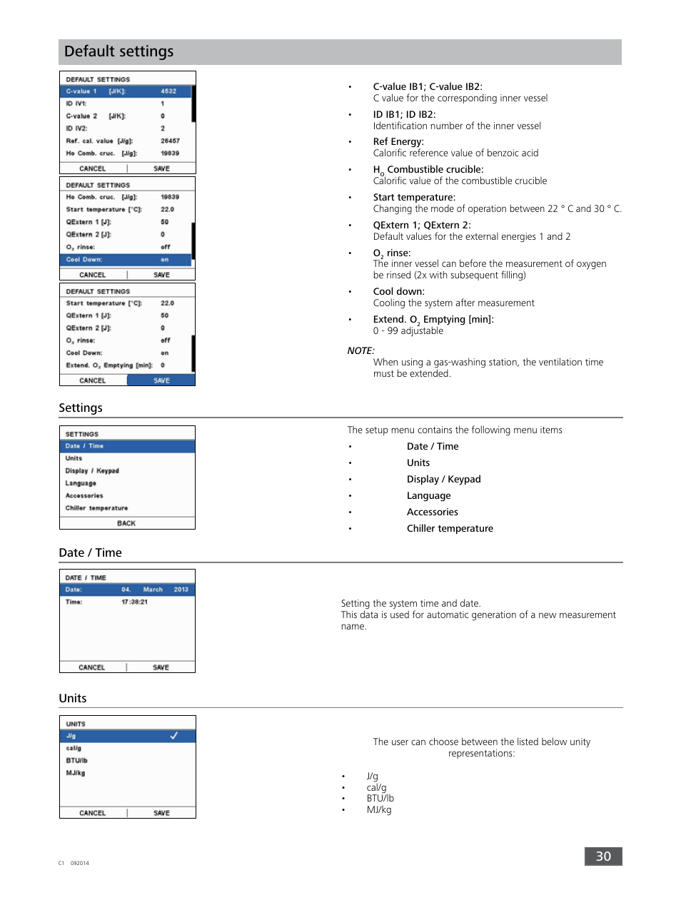 Default settings, Settings date / time, Units | IKA C 1 Package 1/10 User Manual | Page 30 / 44